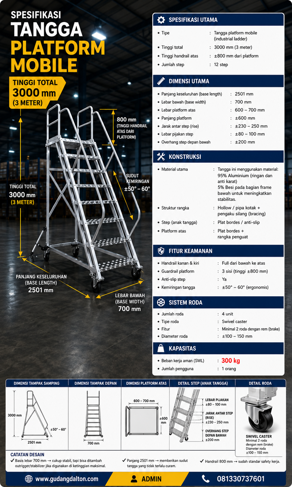 Tangga Dorong Aluminium Dalton Platform Stairs 12 Steps 3 Meter